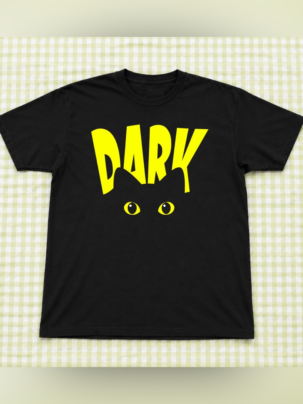 Black Cute Cat Graphic T-Shirt with Yellow 'DARK' Print - Unbranded
